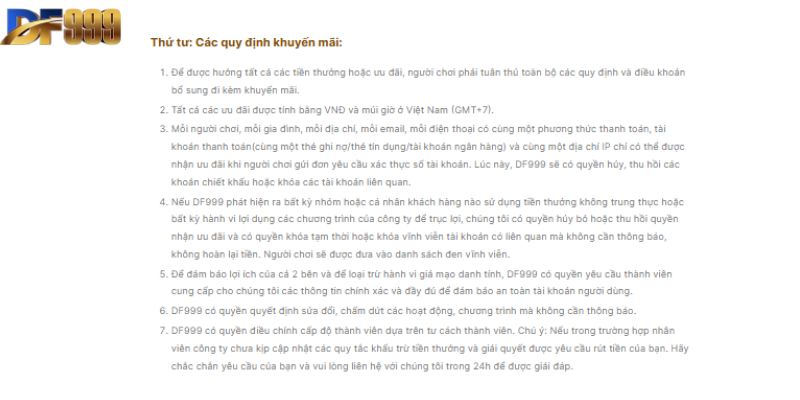 Một số lưu ý khi đến với khuyến mãi df999